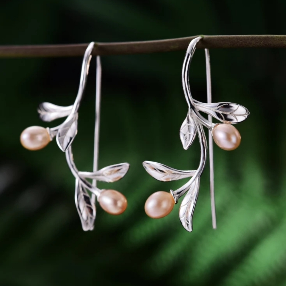 925 Sterling Silver Fresh Water Pearl Olive Branch Earrings
